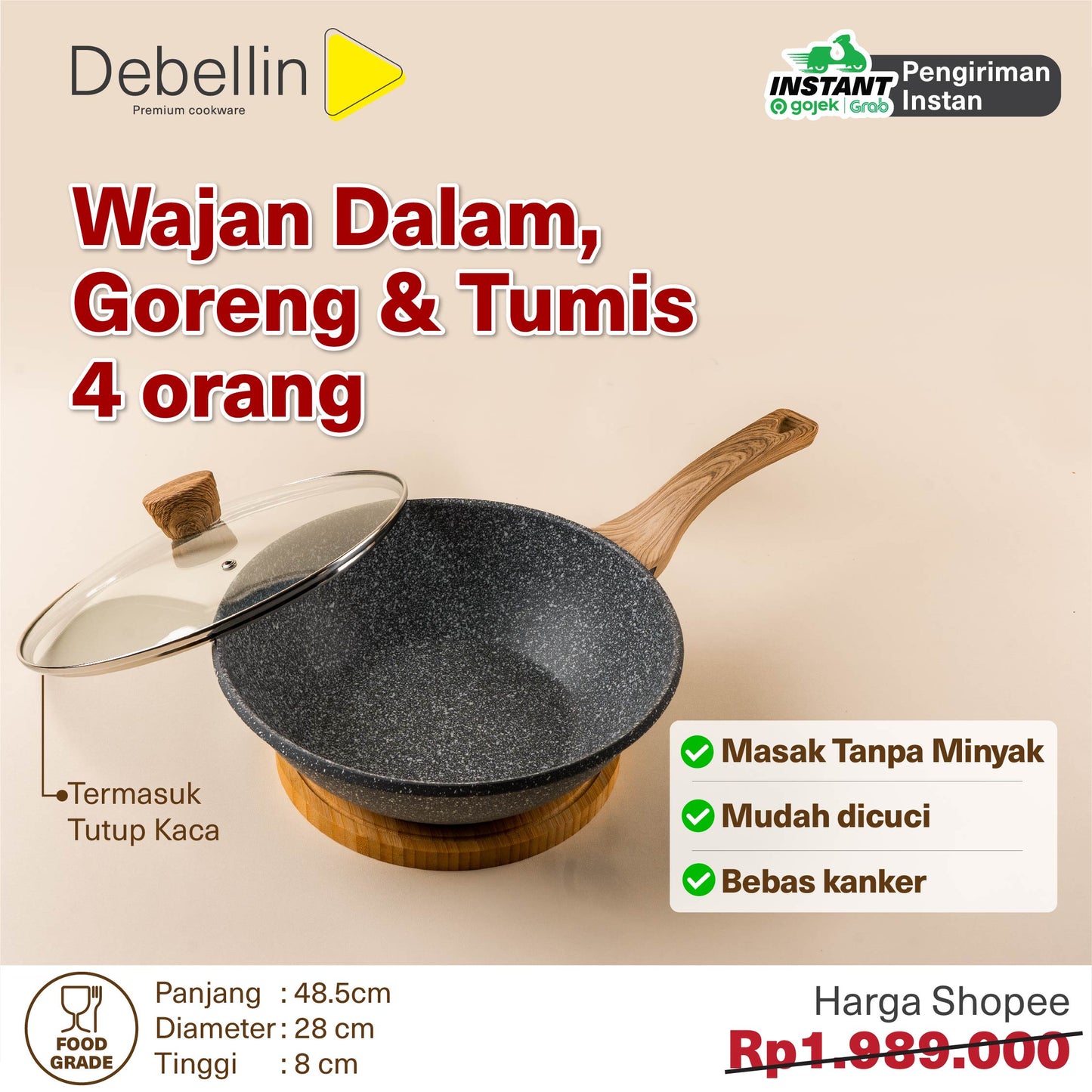 Debellin Grey Granite Asian Wok Pan 28 cm