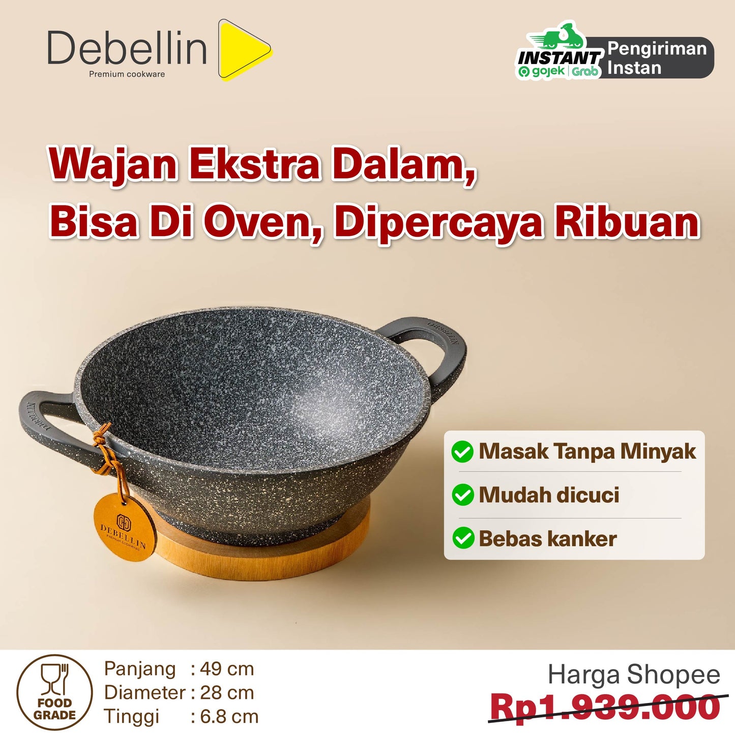 Debellin Grey Granite Personal Wok 24 cm